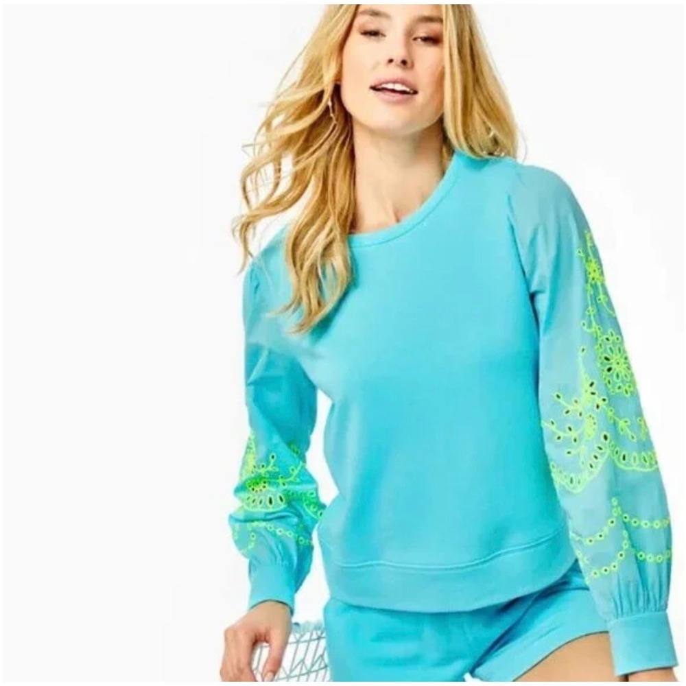 Lilly Pulitzer Blue Eyelet Embroidered Puff Sleeve Sweatshirt XS Pullover